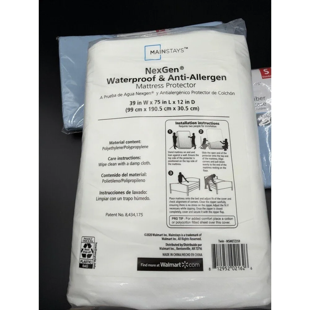 New Mainstays Waterproof Anti-Allergen Zip Mattress Protector TWIN 2 Pillowcases